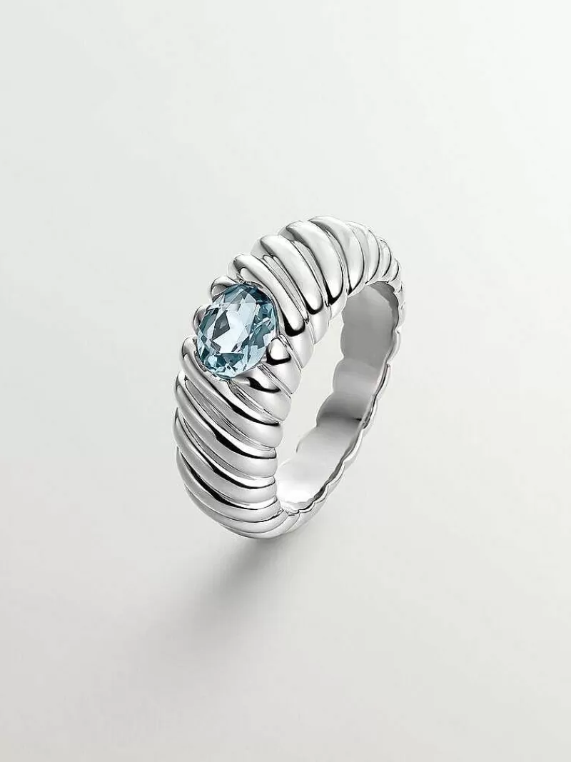 Bague Aristocrazy en Argent 925 serti d'une Topaze Céleste - Création Guillochée à la Main