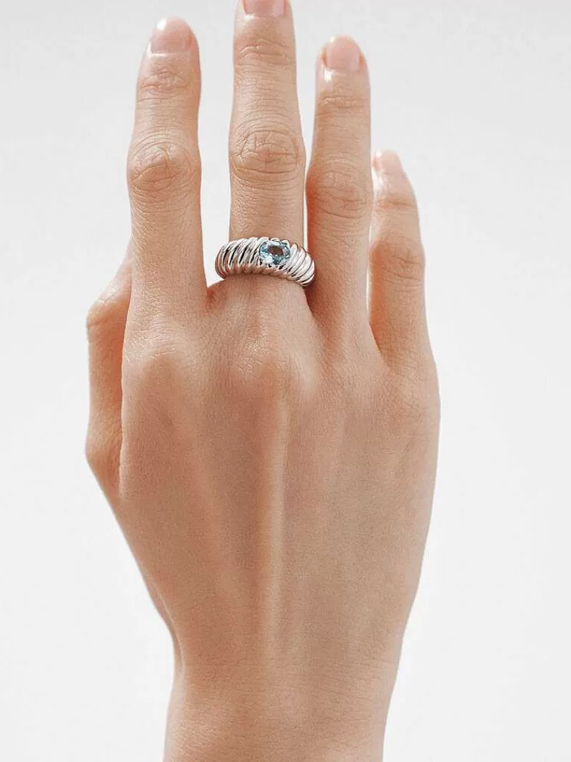 Bague Aristocrazy en Argent 925 serti d'une Topaze Céleste - Création Guillochée à la Main