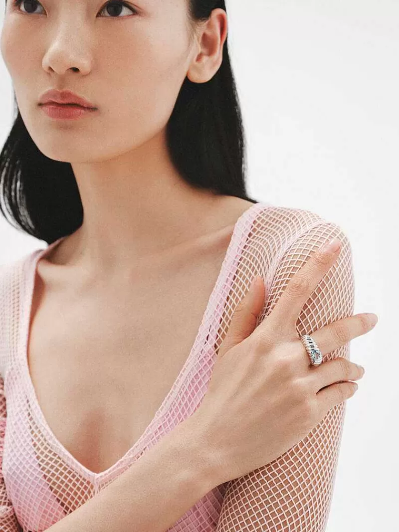 Bague Aristocrazy en Argent 925 serti d'une Topaze Céleste - Création Guillochée à la Main