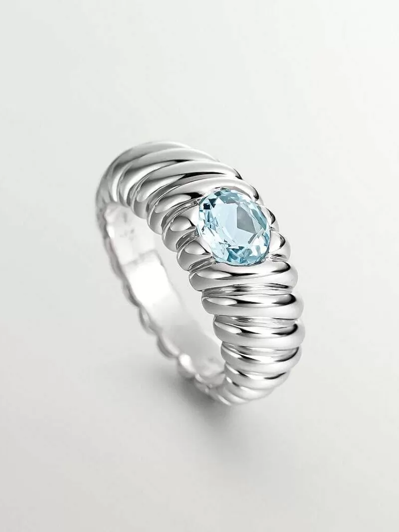 Bague Aristocrazy en Argent 925 serti d'une Topaze Céleste - Création Guillochée à la Main