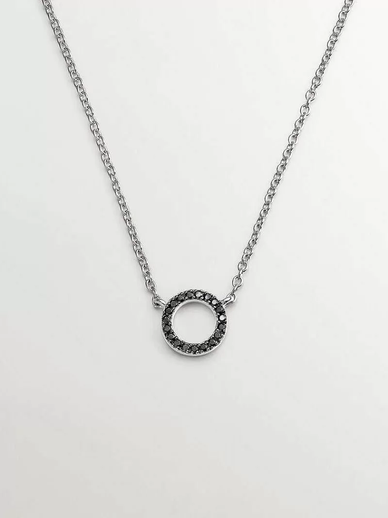 Pendentif Aristocrazy en Argent 925 - Cercle Serti de Spinelles Noires, Collier Élégant pour Femme