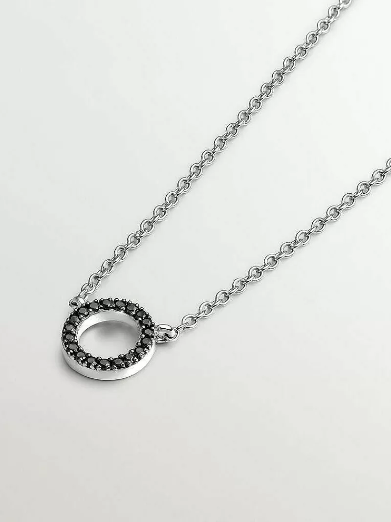 Pendentif Aristocrazy en Argent 925 - Cercle Serti de Spinelles Noires, Collier Élégant pour Femme