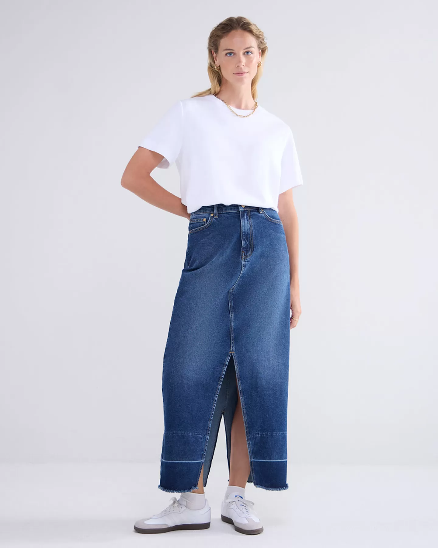 Élégante Jupe Denim Femme - Taille Haute - Détail Fendu - Bleu Indigo Premium