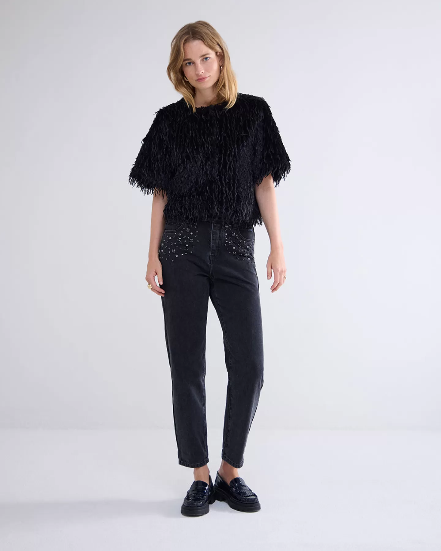 Veste Blazer Élégante en Fausse Plume Noir - Style Tendance Summum