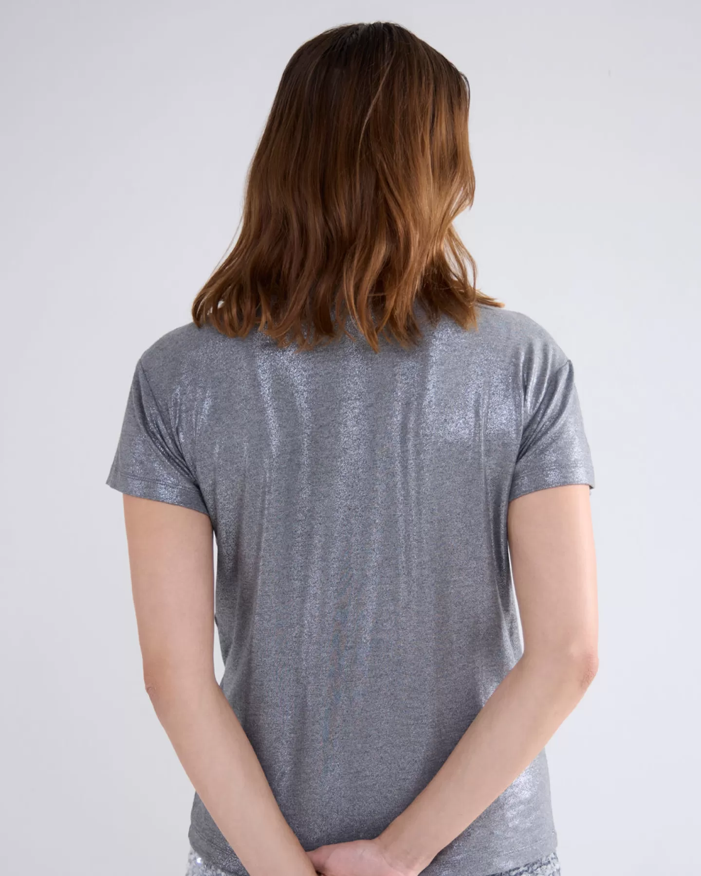 Top féminin brillant basique à décolleté en V - Gris élégant - Collection Summum - Hauts & T-shirts tendance