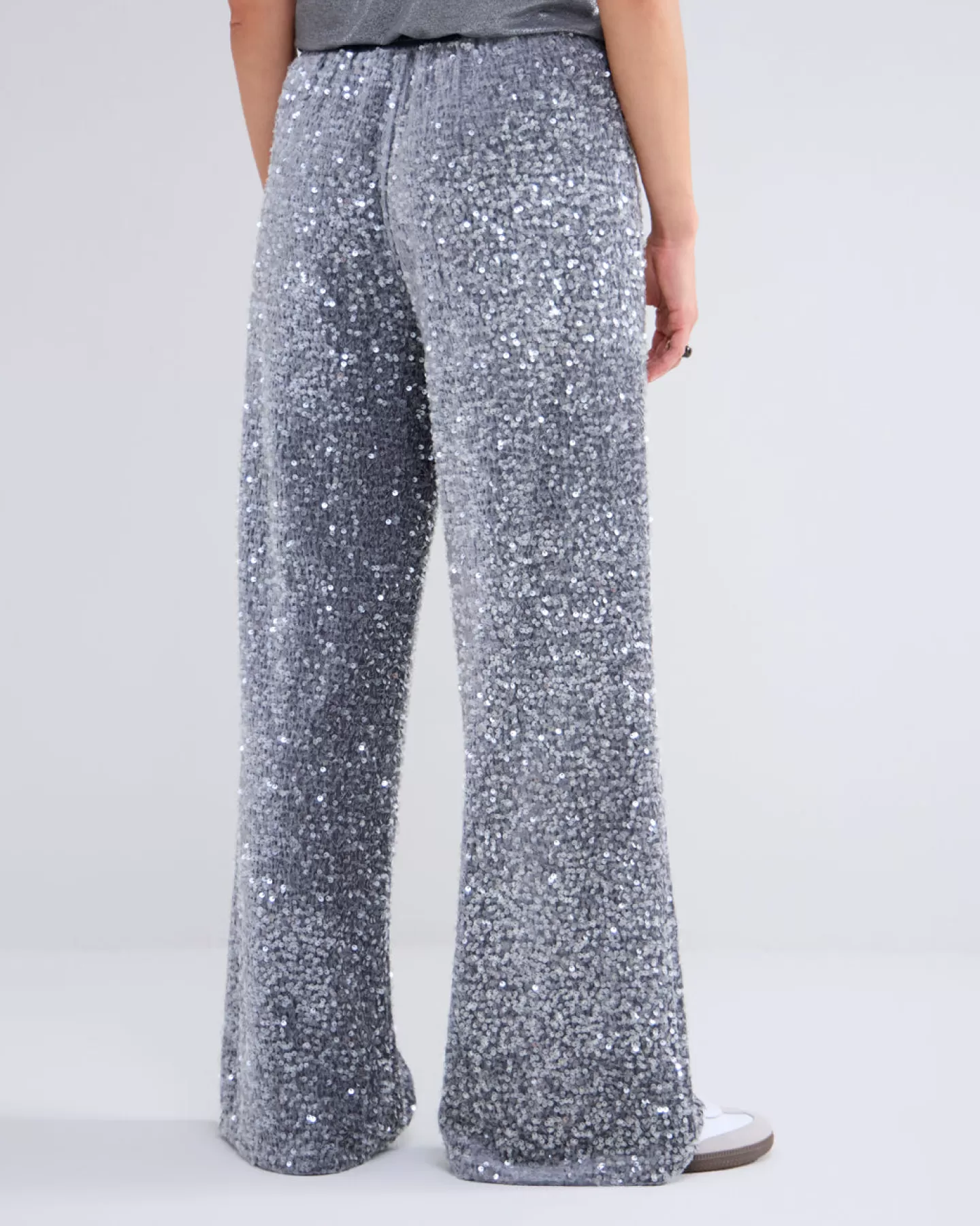 Pantalon Long Élégant en Tissu à Paillettes Gris - Style Luxe pour Tenue Estivale